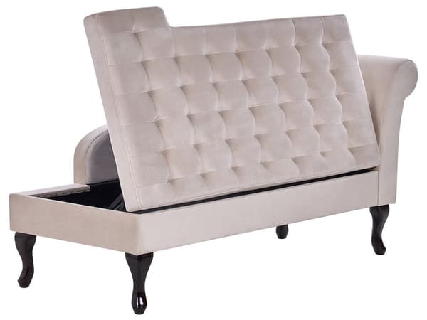 Chaiselong Beige Velour Sorte Træben 2 Personers Blød Polstret Hjørnesofa Daybed med Opbevaring Stue Retro Rygpuder Tilbehør Inspiration