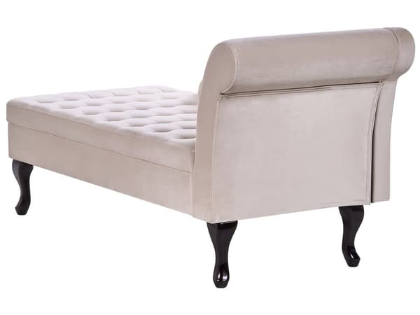 Chaiselong Beige Velour Sorte Træben 2 Personers Blød Polstret Hjørnesofa Daybed med Opbevaring Stue Retro Rygpuder Tilbehør Inspiration