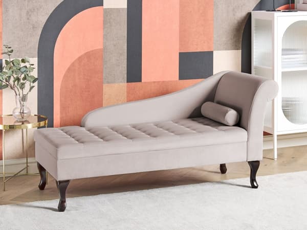 Chaiselong Beige Velour Sorte Træben 2 Personers Blød Polstret Hjørnesofa Daybed med Opbevaring Stue Retro Rygpuder Tilbehør Inspiration