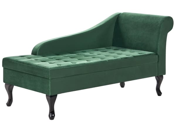 Chaiselong Mørkegrøn Velour Sorte Træben 2 Personers Blød Polstret Hjørnesofa Daybed med Opbevaring Stue Retro Rygpuder Tilbehør Inspiration