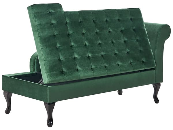 Chaiselong Mørkegrøn Velour Sorte Træben 2 Personers Blød Polstret Hjørnesofa Daybed med Opbevaring Stue Retro Rygpuder Tilbehør Inspiration