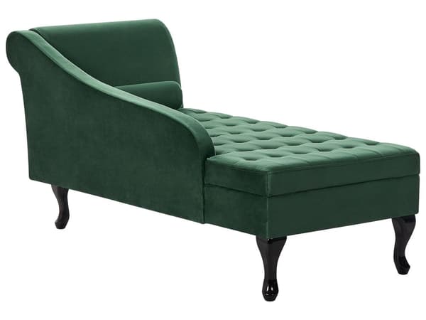 Chaiselong Mørkegrøn Velour Sorte Træben 2 Personers Blød Polstret Hjørnesofa Daybed med Opbevaring Stue Retro Rygpuder Tilbehør Inspiration
