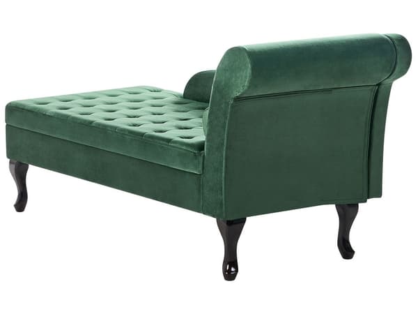 Chaiselong Mørkegrøn Velour Sorte Træben 2 Personers Blød Polstret Hjørnesofa Daybed med Opbevaring Stue Retro Rygpuder Tilbehør Inspiration