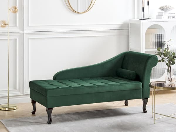 Chaiselong Mørkegrøn Velour Sorte Træben 2 Personers Blød Polstret Hjørnesofa Daybed med Opbevaring Stue Retro Rygpuder Tilbehør Inspiration