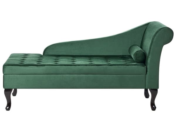 Chaiselong Mørkegrøn Velour Sorte Træben 2 Personers Blød Polstret Hjørnesofa Daybed med Opbevaring Stue Retro Rygpuder Tilbehør Inspiration