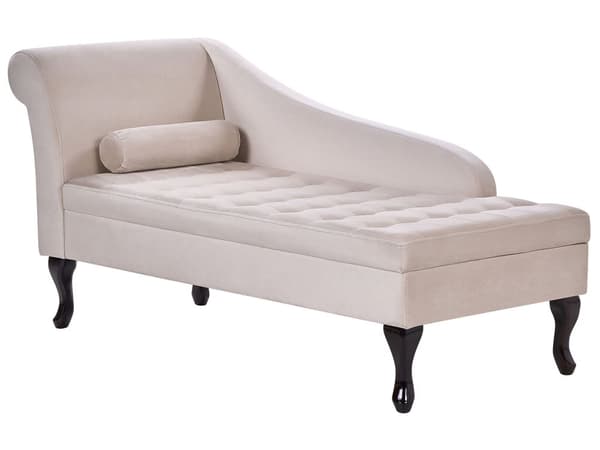 Chaiselong Beige Velour Sorte Træben 2 Personers Blød Polstret Hjørnesofa Daybed med Opbevaring Stue Retro Rygpuder Tilbehør Inspiration