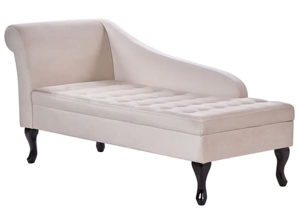 Chaiselong Beige Velour Sorte Træben 2 Personers Blød Polstret Hjørnesofa Daybed med Opbevaring Stue Retro Rygpuder Tilbehør Inspiration