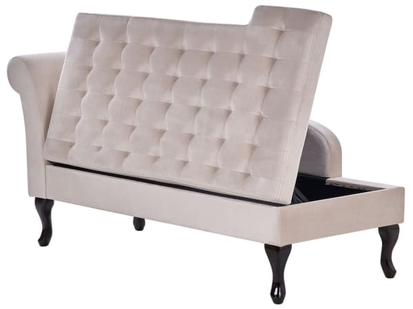 Chaiselong Beige Velour Sorte Træben 2 Personers Blød Polstret Hjørnesofa Daybed med Opbevaring Stue Retro Rygpuder Tilbehør Inspiration
