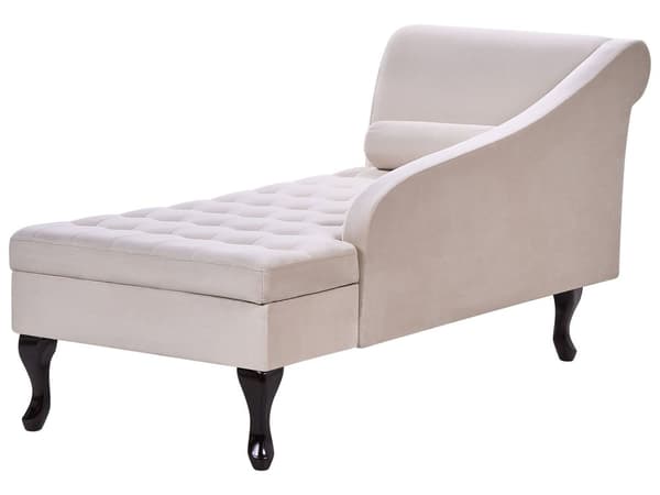 Chaiselong Beige Velour Sorte Træben 2 Personers Blød Polstret Hjørnesofa Daybed med Opbevaring Stue Retro Rygpuder Tilbehør Inspiration