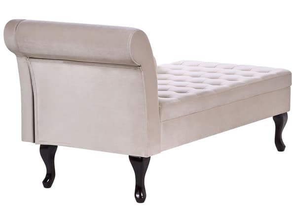 Chaiselong Beige Velour Sorte Træben 2 Personers Blød Polstret Hjørnesofa Daybed med Opbevaring Stue Retro Rygpuder Tilbehør Inspiration
