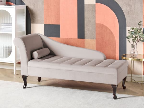Chaiselong Beige Velour Sorte Træben 2 Personers Blød Polstret Hjørnesofa Daybed med Opbevaring Stue Retro Rygpuder Tilbehør Inspiration