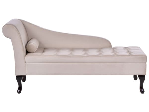 Chaiselong Beige Velour Sorte Træben 2 Personers Blød Polstret Hjørnesofa Daybed med Opbevaring Stue Retro Rygpuder Tilbehør Inspiration
