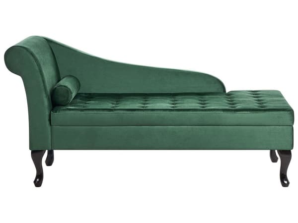 Chaiselong Mørkegrøn Velour Sorte Træben 2 Personers Blød Polstret Hjørnesofa Daybed med Opbevaring Stue Retro Rygpuder Tilbehør Inspiration