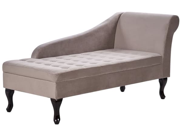 Chaiselong Taupe Velour Sorte Træben 2 Personers Blød Polstret Hjørnesofa Daybed med Opbevaring Stue Retro Rygpuder Tilbehør Inspiration