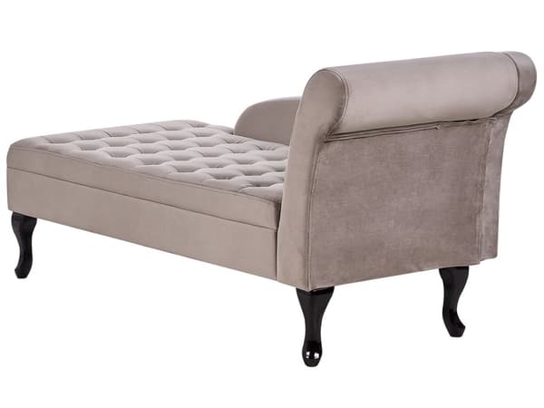 Chaiselong Taupe Velour Sorte Træben 2 Personers Blød Polstret Hjørnesofa Daybed med Opbevaring Stue Retro Rygpuder Tilbehør Inspiration
