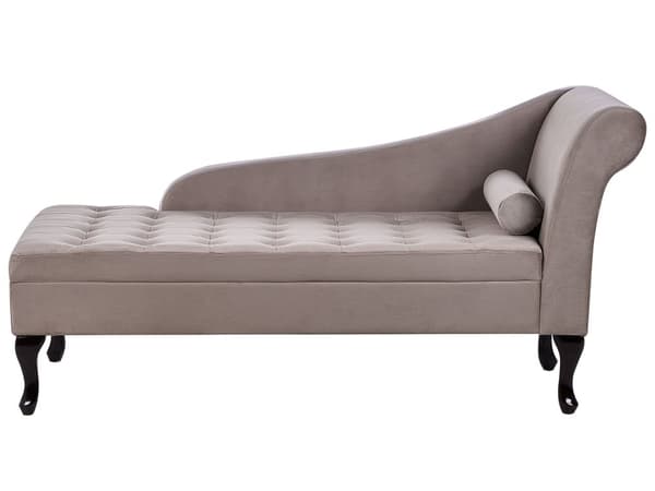 Chaiselong Taupe Velour Sorte Træben 2 Personers Blød Polstret Hjørnesofa Daybed med Opbevaring Stue Retro Rygpuder Tilbehør Inspiration