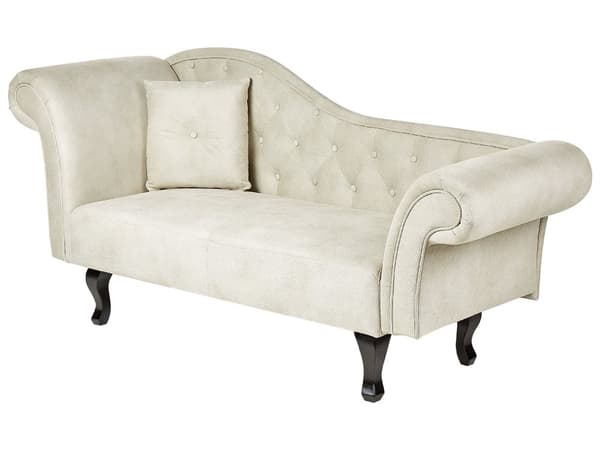 Lys beige velour chaiselong venstre quiltet afrundede armlæn sorte ben retro traditionel stil