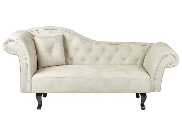 Lys beige velour chaiselong venstre quiltet afrundede armlæn sorte ben retro traditionel stil
