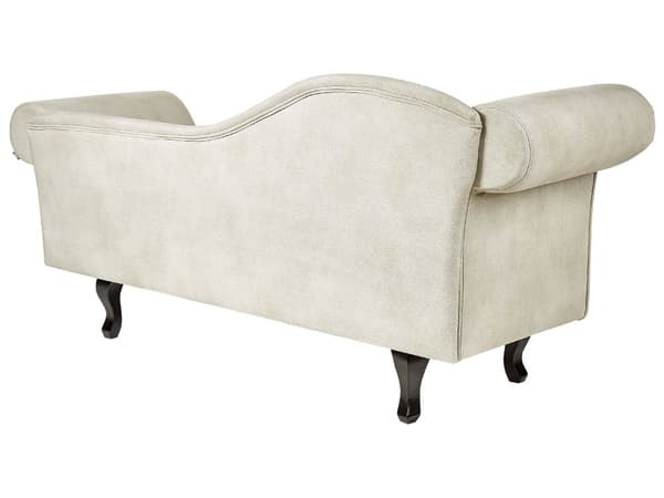 Lys beige velour chaiselong venstre quiltet afrundede armlæn sorte ben retro traditionel stil
