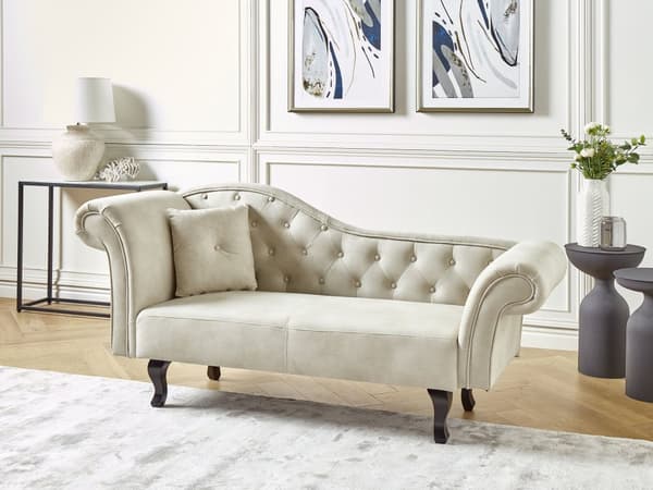 Lys beige velour chaiselong venstre quiltet afrundede armlæn sorte ben retro traditionel stil