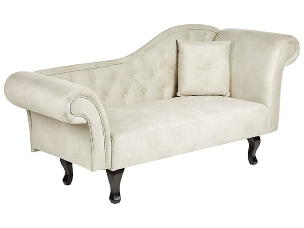 Lys beige velour chaiselong højre quiltet afrundede armlæn sorte ben retro traditionel stil