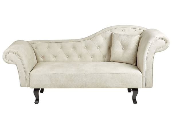 Lys beige velour chaiselong højre quiltet afrundede armlæn sorte ben retro traditionel stil
