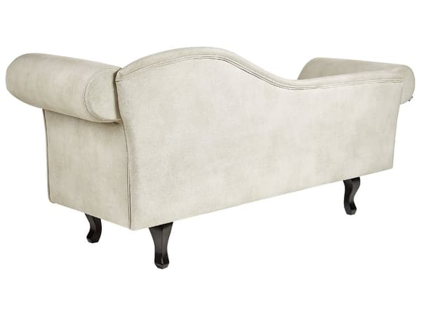 Lys beige velour chaiselong højre quiltet afrundede armlæn sorte ben retro traditionel stil