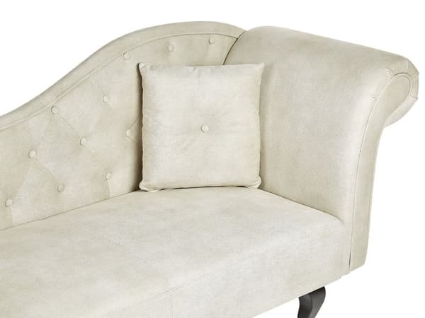 Lys beige velour chaiselong højre quiltet afrundede armlæn sorte ben retro traditionel stil