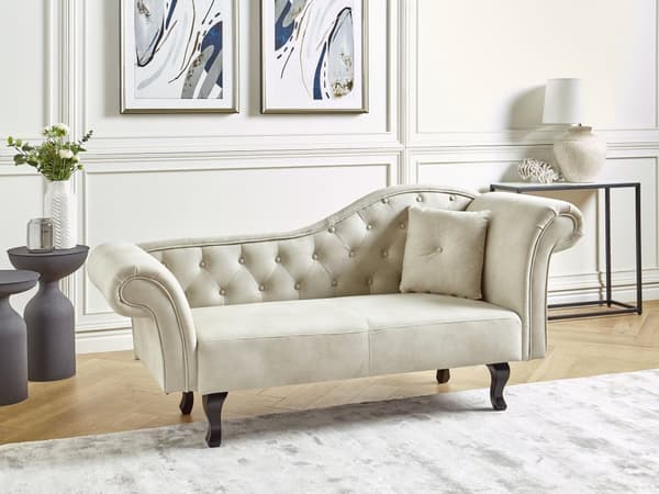 Lys beige velour chaiselong højre quiltet afrundede armlæn sorte ben retro traditionel stil
