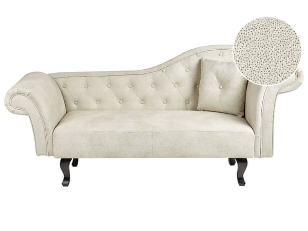 Lys beige velour chaiselong højre quiltet afrundede armlæn sorte ben retro traditionel stil