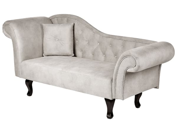 Beige grå velour chaiselong venstre quiltet afrundede armlæn sorte ben retro traditionel stil