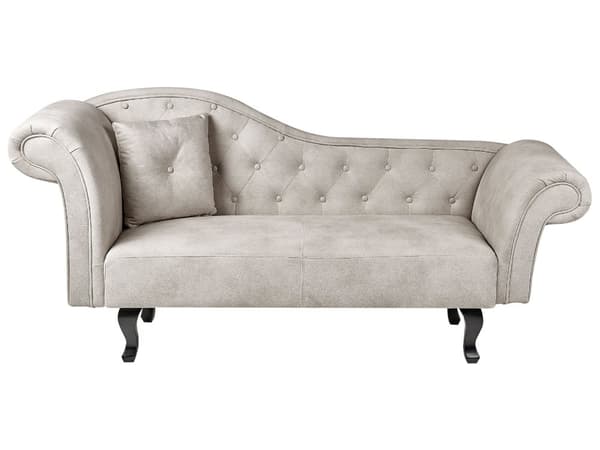 Beige grå velour chaiselong venstre quiltet afrundede armlæn sorte ben retro traditionel stil