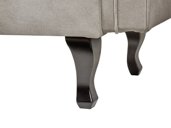 Beige grå velour chaiselong venstre quiltet afrundede armlæn sorte ben retro traditionel stil