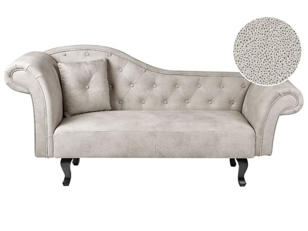 Beige grå velour chaiselong venstre quiltet afrundede armlæn sorte ben retro traditionel stil