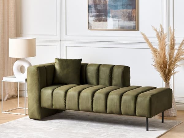 Chaiselong venstre grøn oliven velour sorte ben polstret liggestol tyk sædehynde moderne glamour stil
