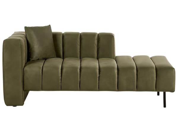 Chaiselong venstre grøn oliven velour sorte ben polstret liggestol tyk sædehynde moderne glamour stil