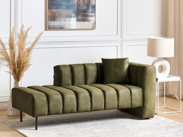 Chaiselong højre hånd grøn oliven velour sorte ben polstret liggestol tyk sædehynde moderne glamour stil
