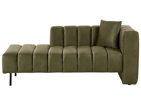 Chaiselong højre hånd grøn oliven velour sorte ben polstret liggestol tyk sædehynde moderne glamour stil