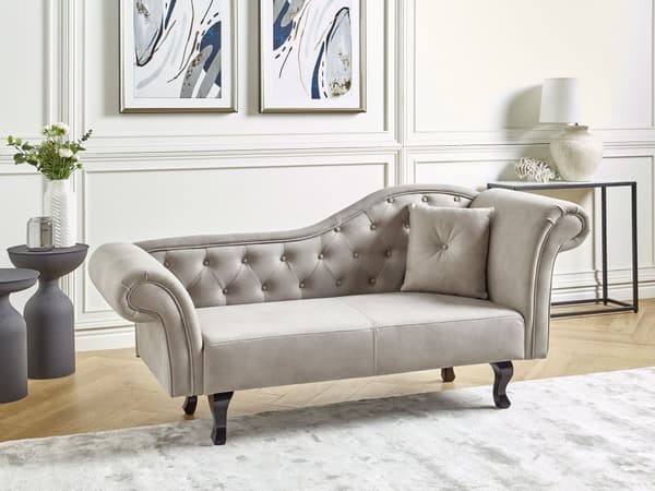 Sittpuff Taupe sammet Knapptuftad klädsel Höger med kudde Retro traditionell stil Lätt att rengöra Husdjursvänlig