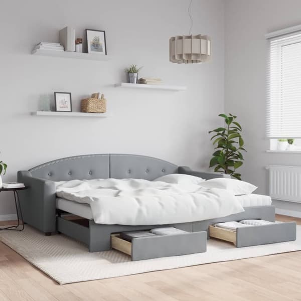 daybed med udtræk og skuffer 90x200 cm stof lysegrå