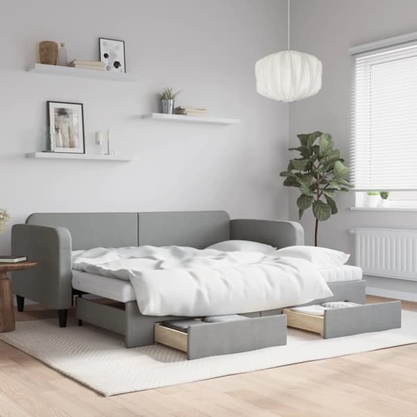 daybed med udtræk og skuffer 90x200 cm stof lysegrå