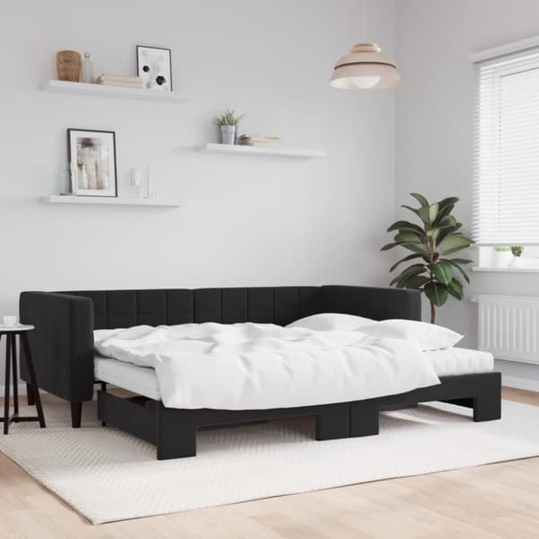 daybed med udtræk og madras 90x200 cm velour sort