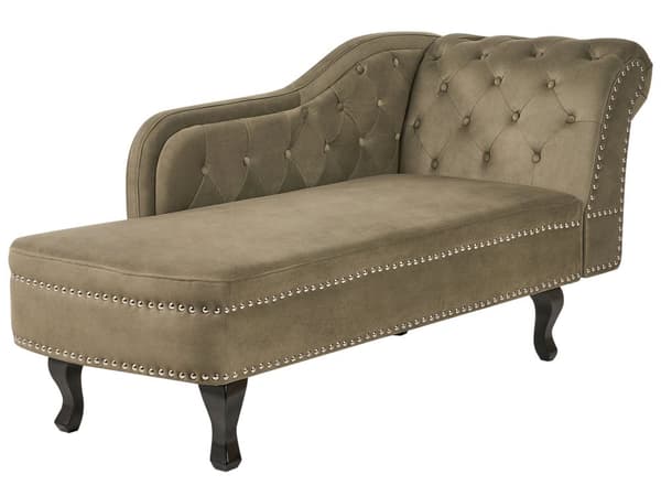 Schäslong Olivgrön sammetsklädsel Höger handknappade spikskallar Chesterfield Stil Vardagsrumsmöbler