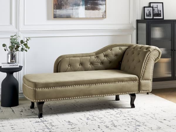 Schäslong Olivgrön sammetsklädsel Höger handknappade spikskallar Chesterfield Stil Vardagsrumsmöbler