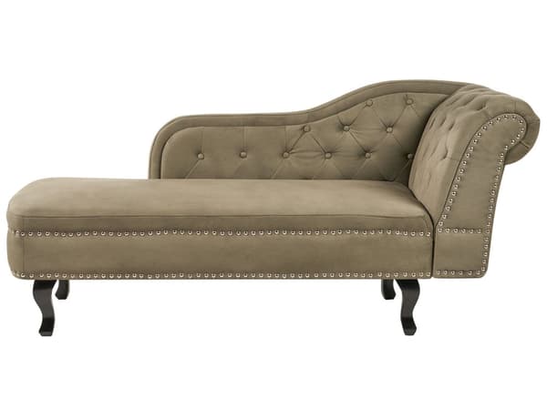 Schäslong Olivgrön sammetsklädsel Höger handknappade spikskallar Chesterfield Stil Vardagsrumsmöbler