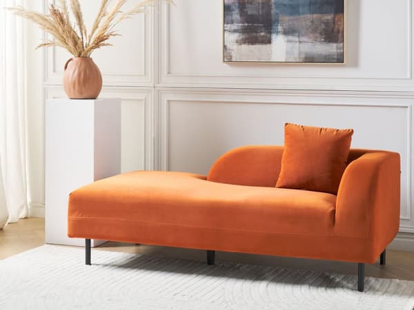Schäslong Orange Sammet 2 Sittplatser Högervänd Med Dyna Retro Minimalistisk Vardagsrum