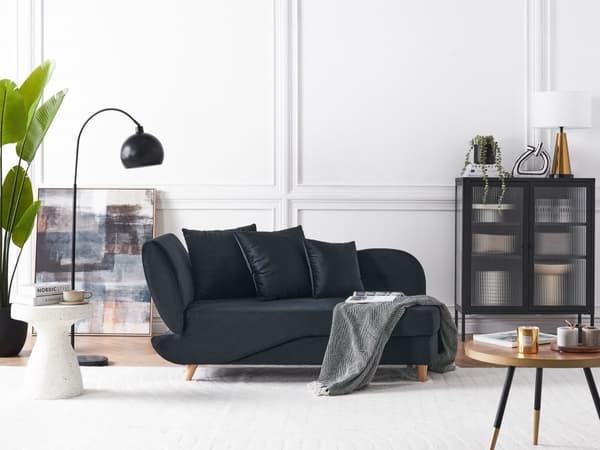 Chaiselong Sort Velour Lyst Træben 2 Personers Blød Polstret Hjørnesofa Daybed med Opbevaring Stue Retro Rygpuder Tilbehør Inspiration