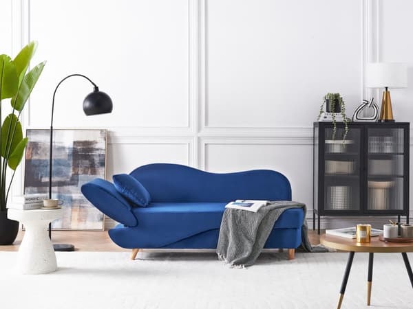 Chaiselong Blå Velour Lyst Træben 2 Personers Blød Polstret Hjørnesofa Daybed med Opbevaring Stue Retro Rygpuder Tilbehør Inspiration