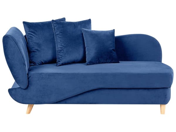 Chaiselong Blå Velour Lyst Træben 2 Personers Blød Polstret Hjørnesofa Daybed med Opbevaring Stue Retro Rygpuder Tilbehør Inspiration