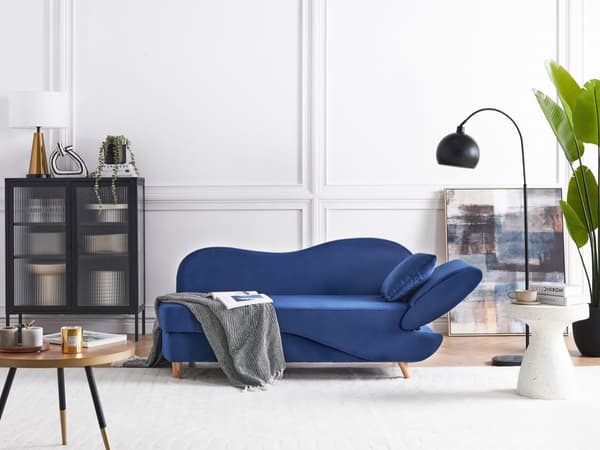 Chaiselong Blå Velour Lyst Træben 2 Personers Blød Polstret Hjørnesofa Daybed med Opbevaring Stue Retro Rygpuder Tilbehør Inspiration